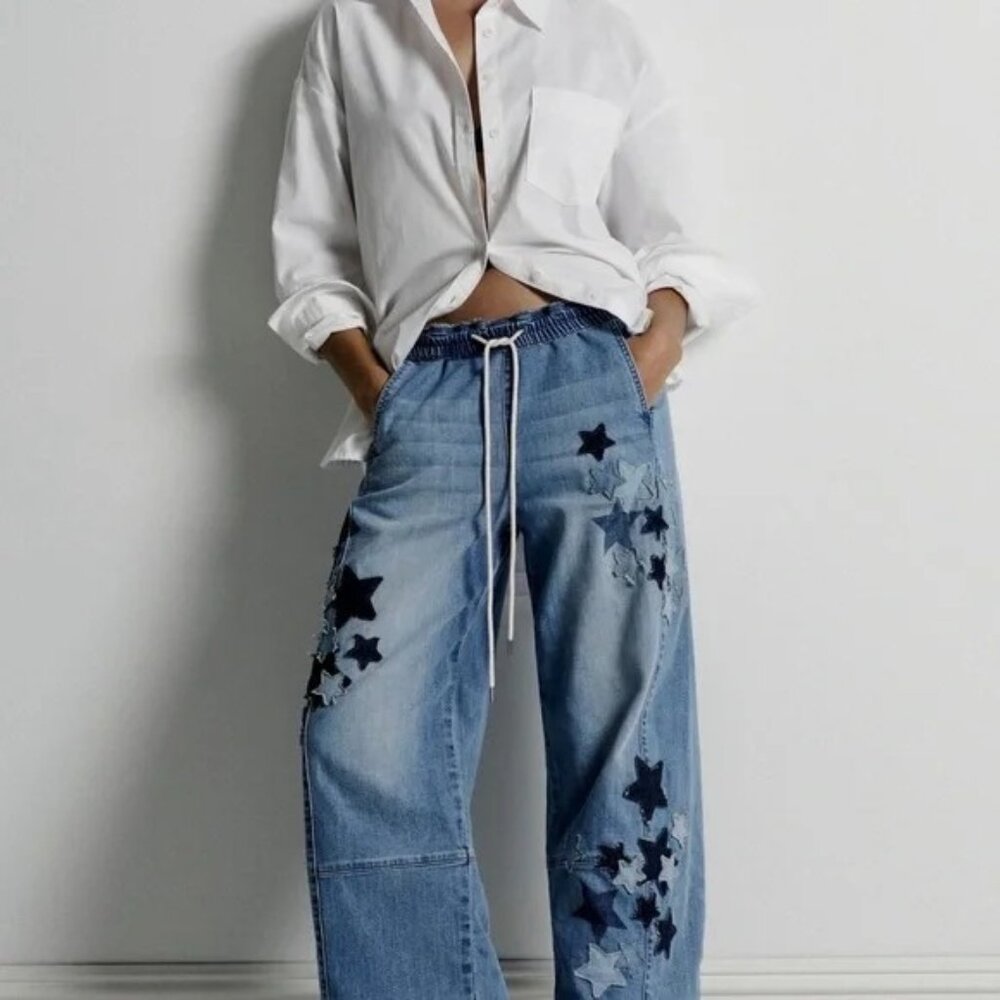 Pilcro Blue Star-Patterned Wide Leg Jeans
